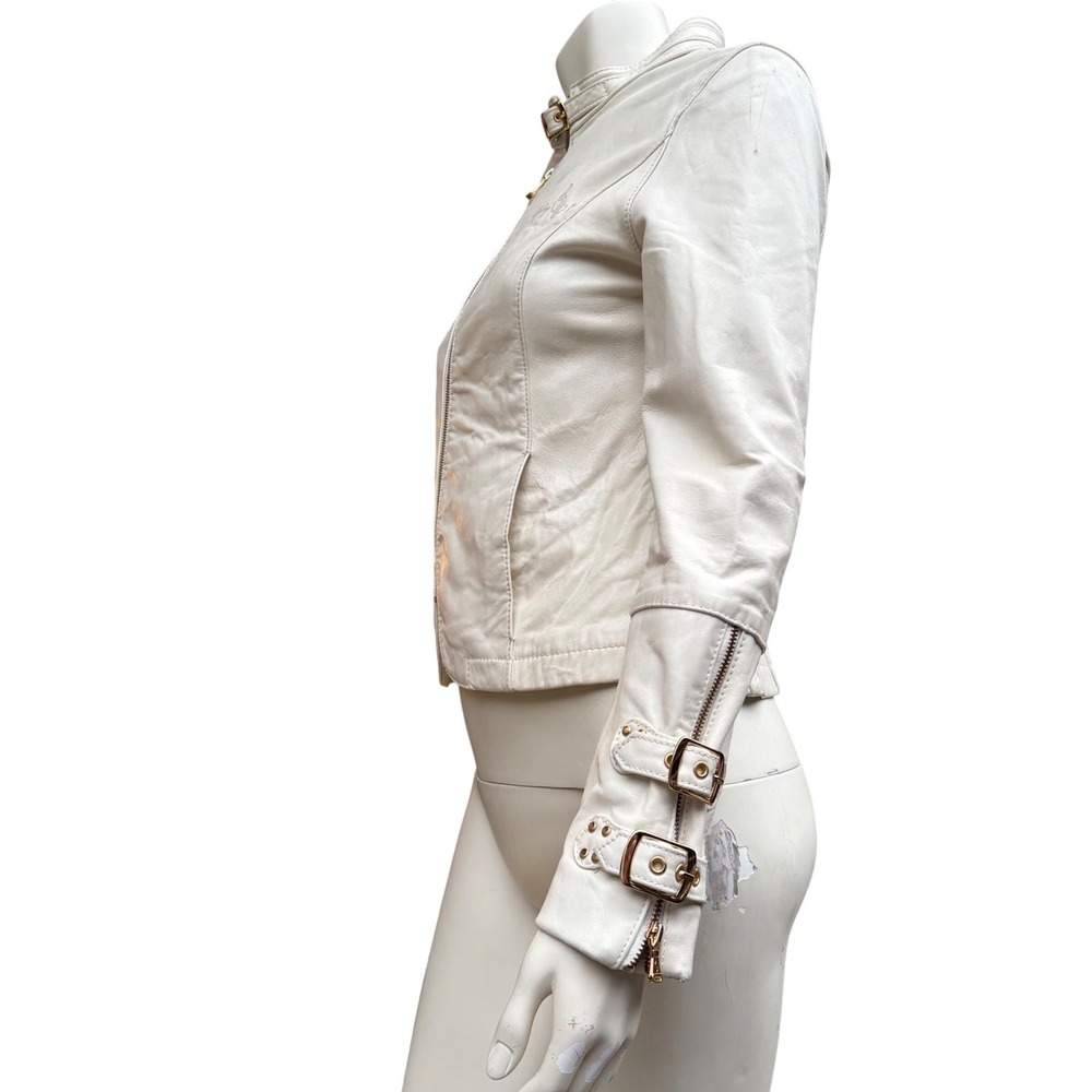 Baby Phat White Leather Moto Jacket Vintage Y2K Rare Gold Hardware Baddie Bratz - Picture 3 of 16